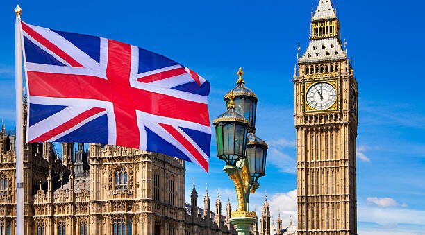 British flag, Big Ben, Houses of Parliament and British flag composition